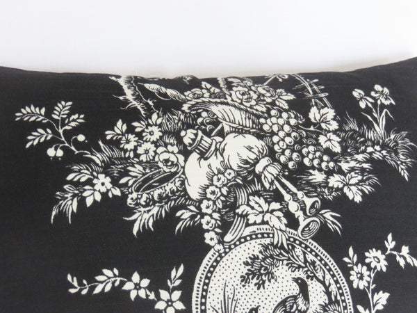 Country house toile noir black and white all cotton  pillow cover with ticking stripe back