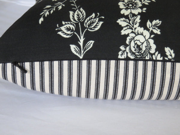 Country house toile noir black and white all cotton  pillow cover with ticking stripe back