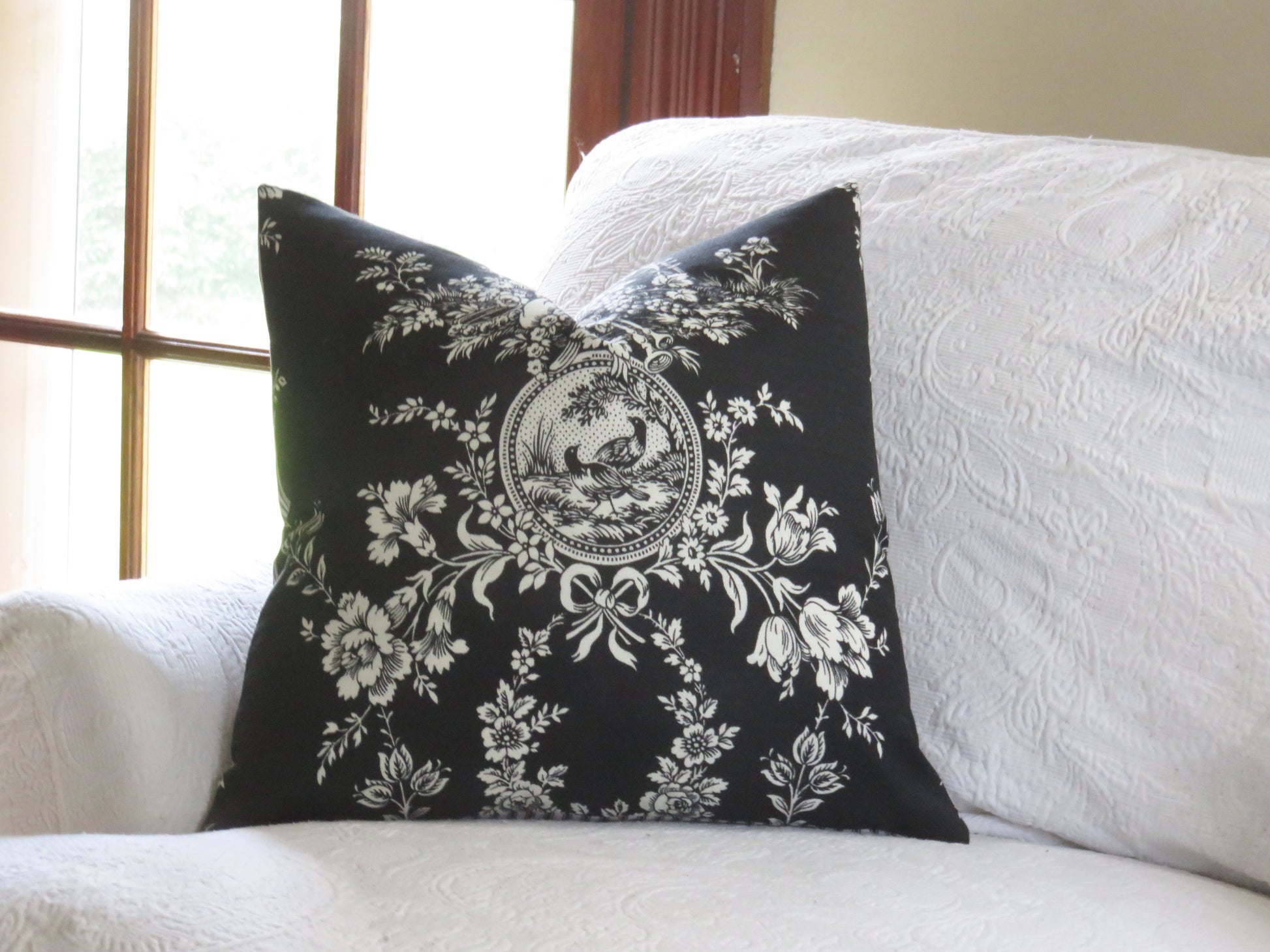 Country house toile noir black and white all cotton  pillow cover with ticking stripe back