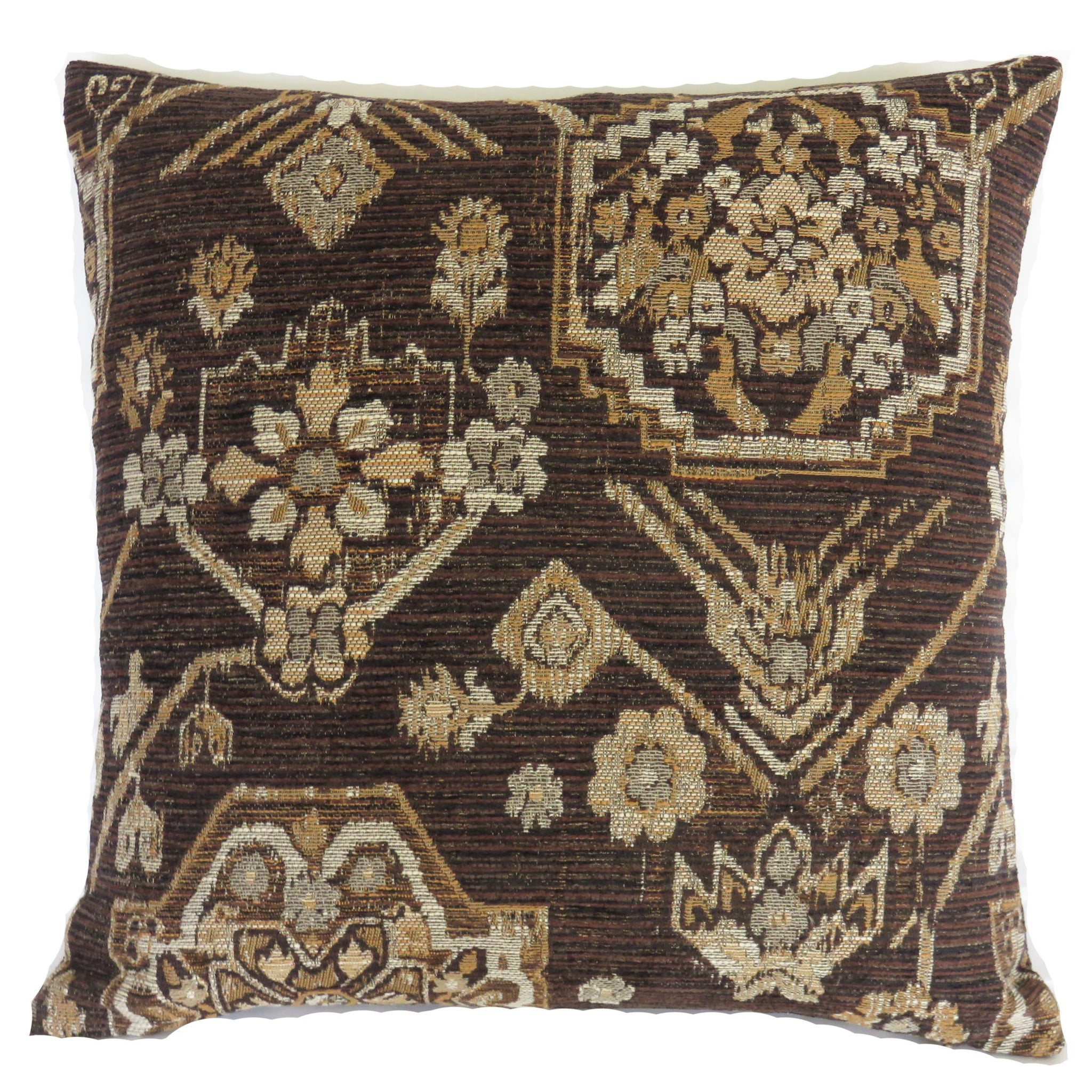 Dark Brown Kilim Motif Pillow Cover, 17" - 18" Square, Tan, Black, Gold, Grey Chenille