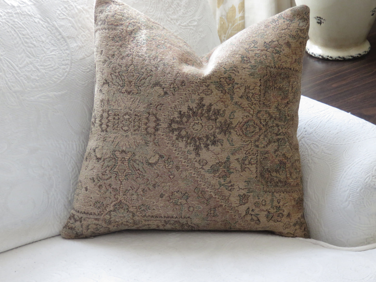 faded carpet style pillow cover in taupe, blush, pale green