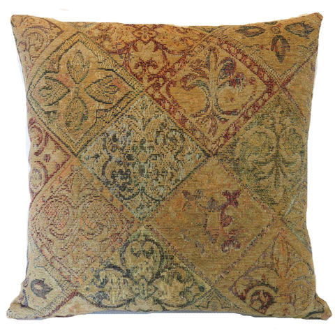 faded tan chenille pillow cover with fleur de lis