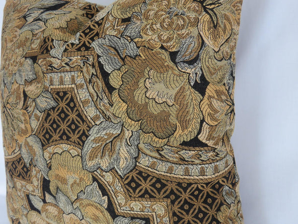 gold floral brocade pillow cover art nouveau or deco lily with black, grey, bronze