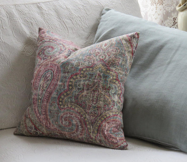 colorful distressed paisley pillow cover in teal, red, green