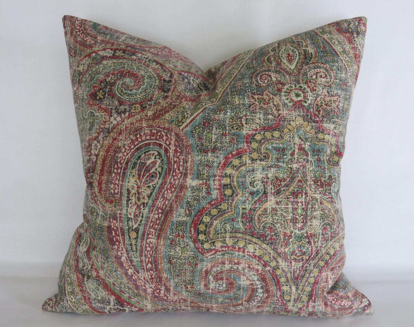 colorful distressed paisley pillow cover in teal, red, green