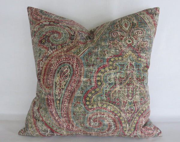 colorful distressed paisley pillow cover in teal, red, green