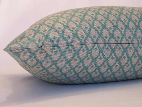 turquoise and beige mini print pillow cover of Lacefield calais
