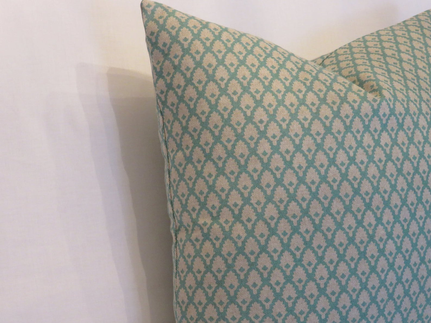 turquoise and beige mini print pillow cover of Lacefield calais