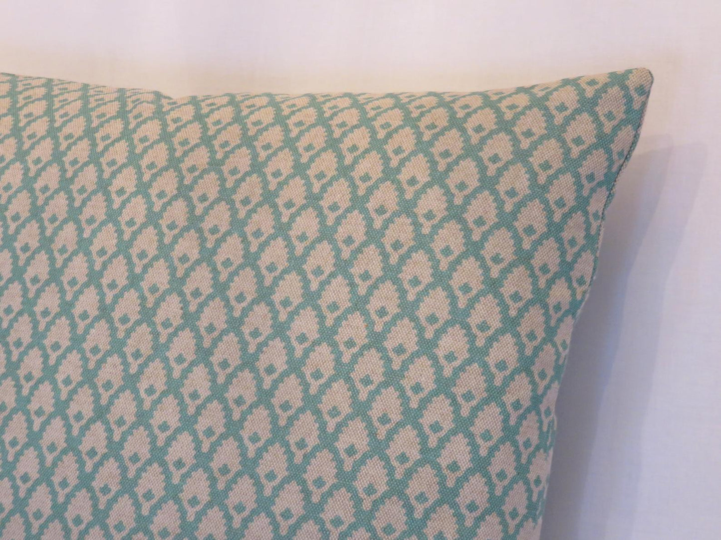 turquoise and beige mini print pillow cover of Lacefield calais