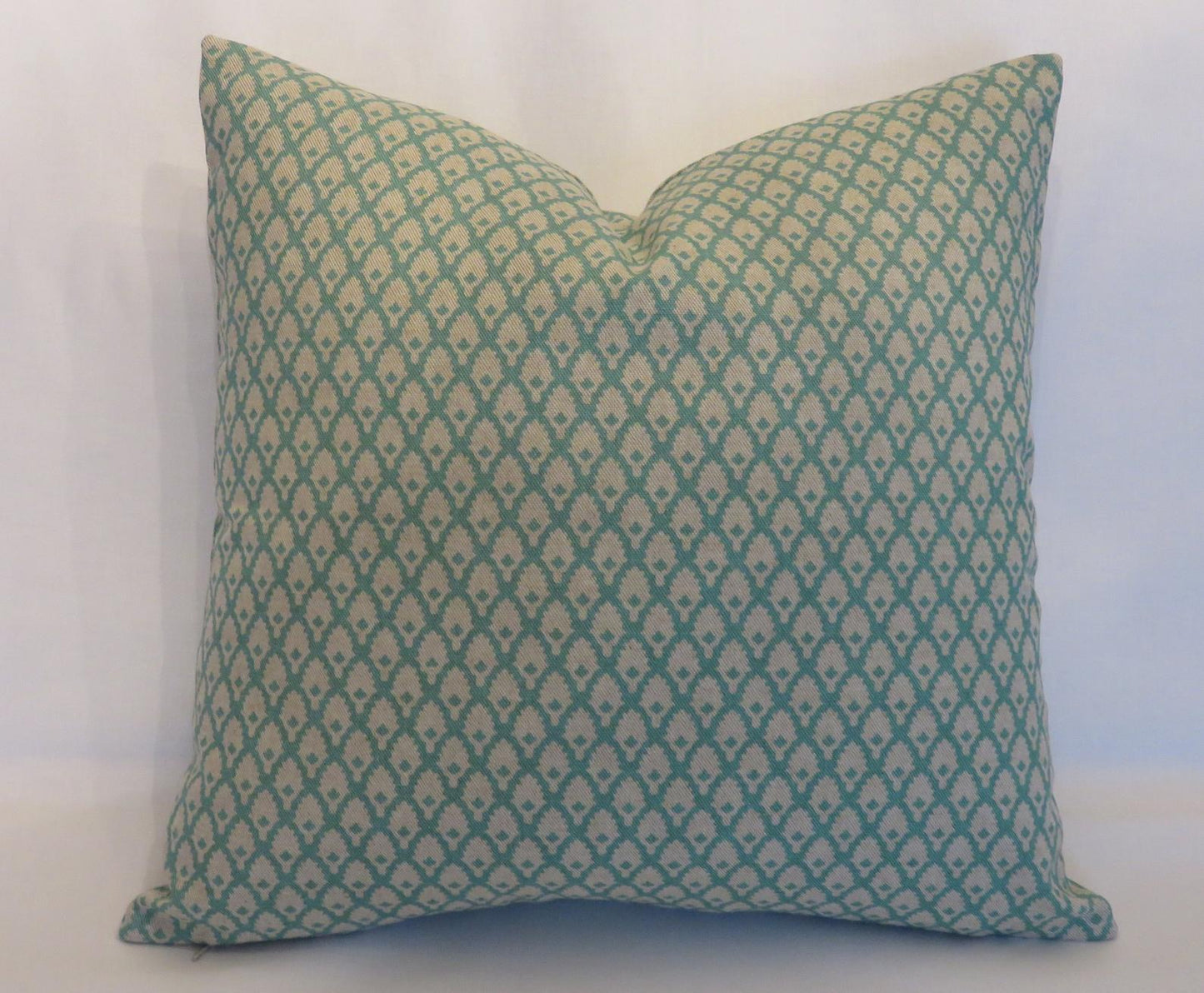 turquoise and beige mini print pillow cover of Lacefield calais