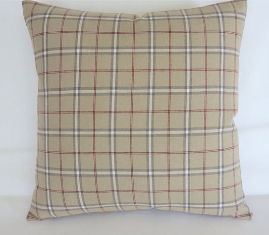 classic tan plaid pillow with red, cream, grey