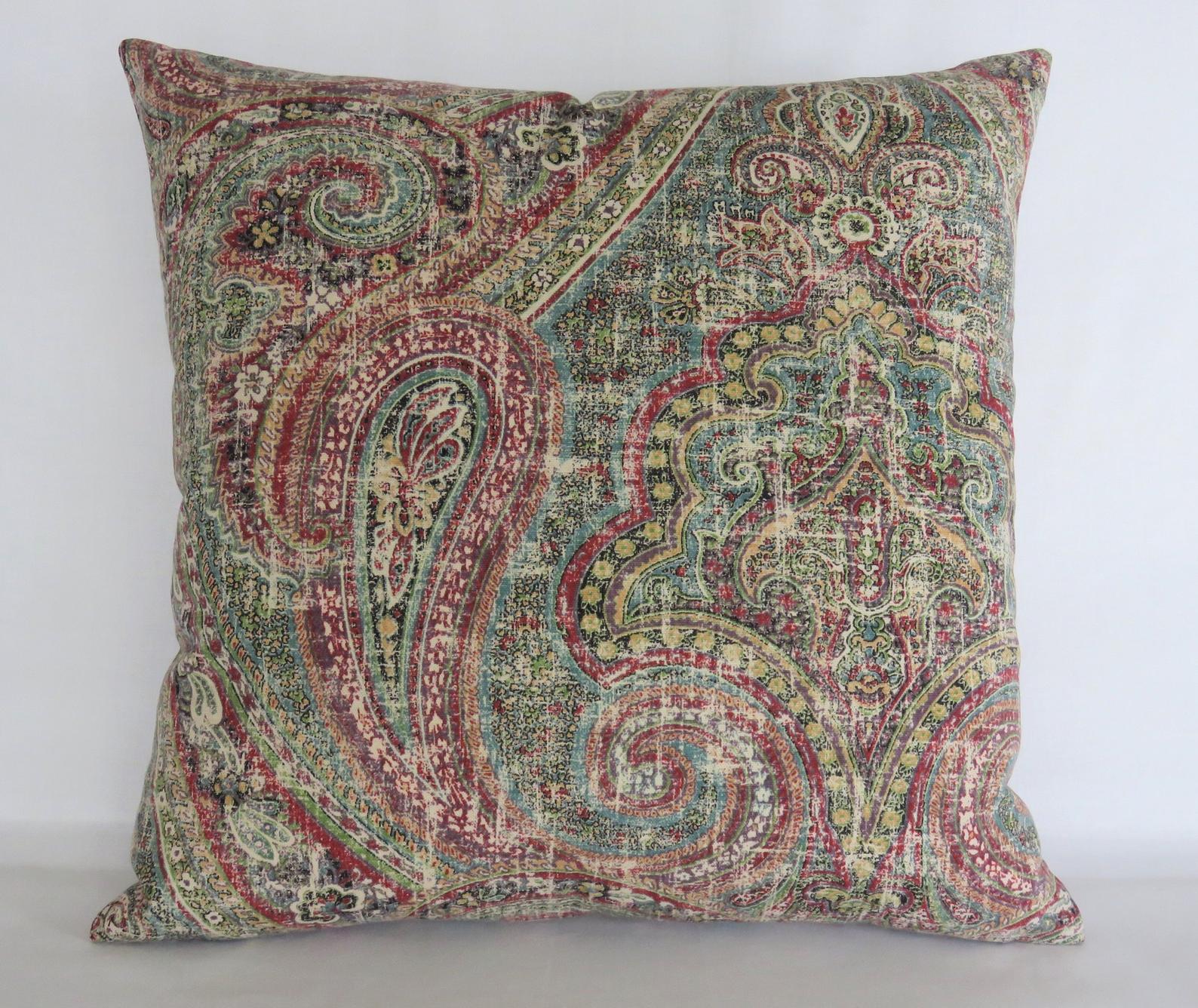 colorful distressed paisley pillow cover in teal, red, green