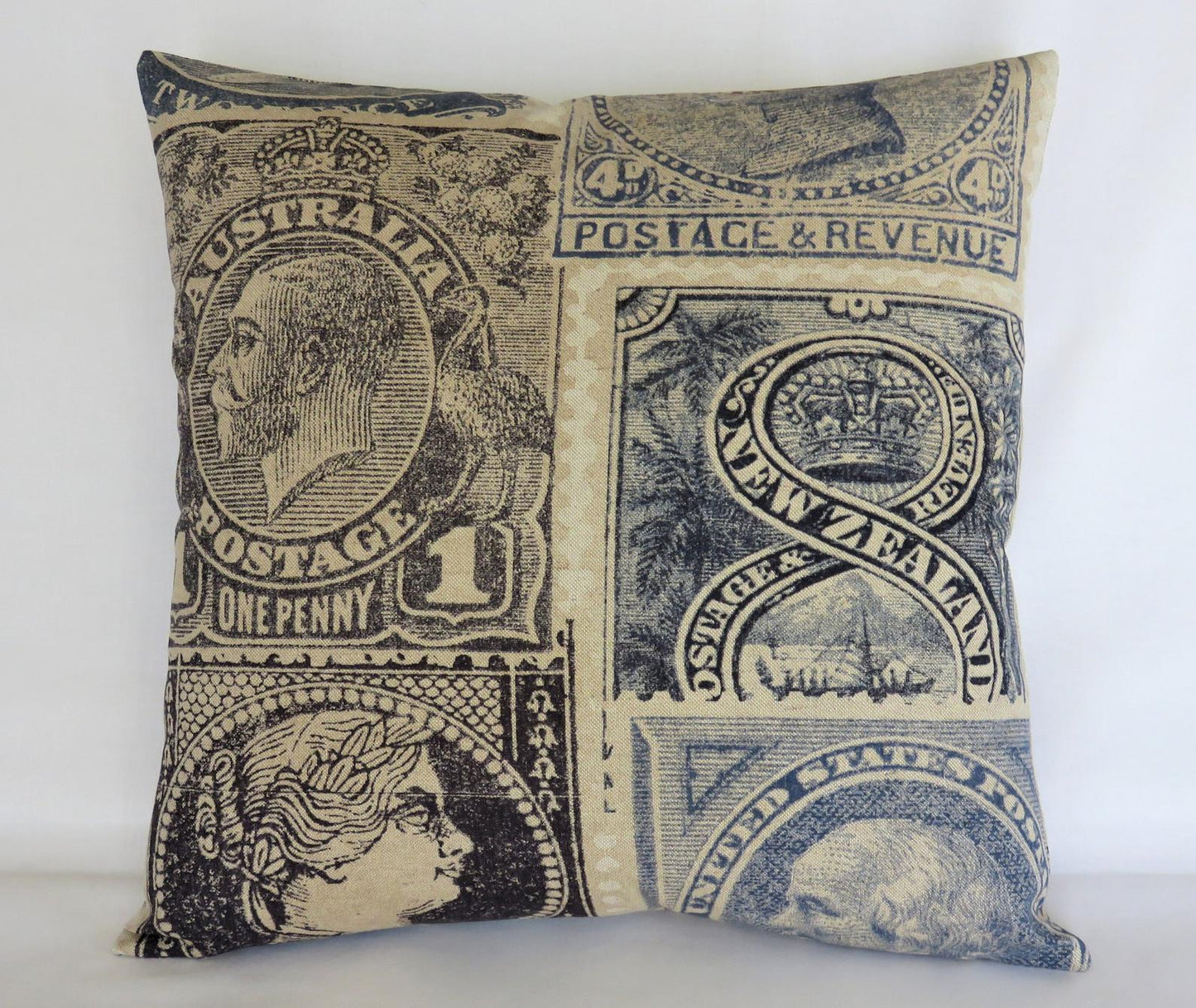 Indigo Stamp Pillow Cover, Philatelist, Collector Gift