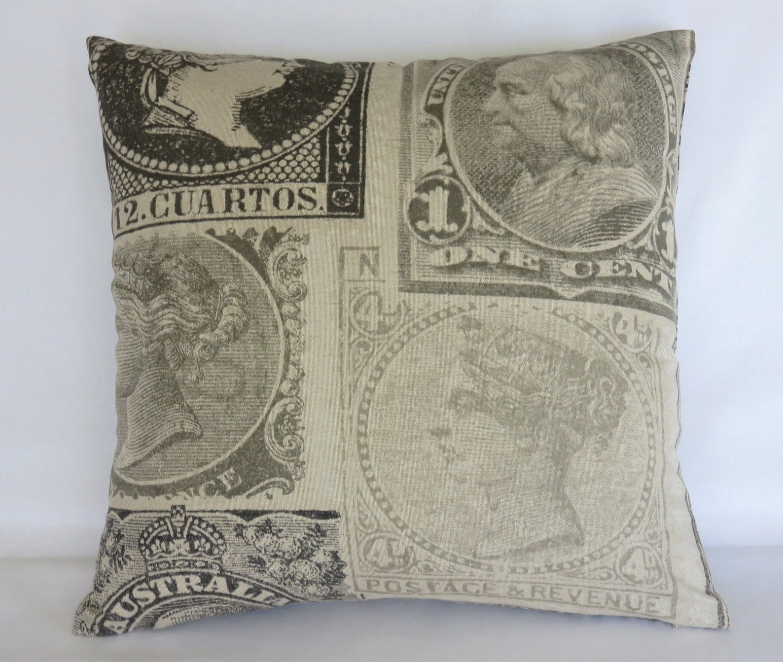 Grey Stamp Pillow Cover, Philatelist, Collector Gift