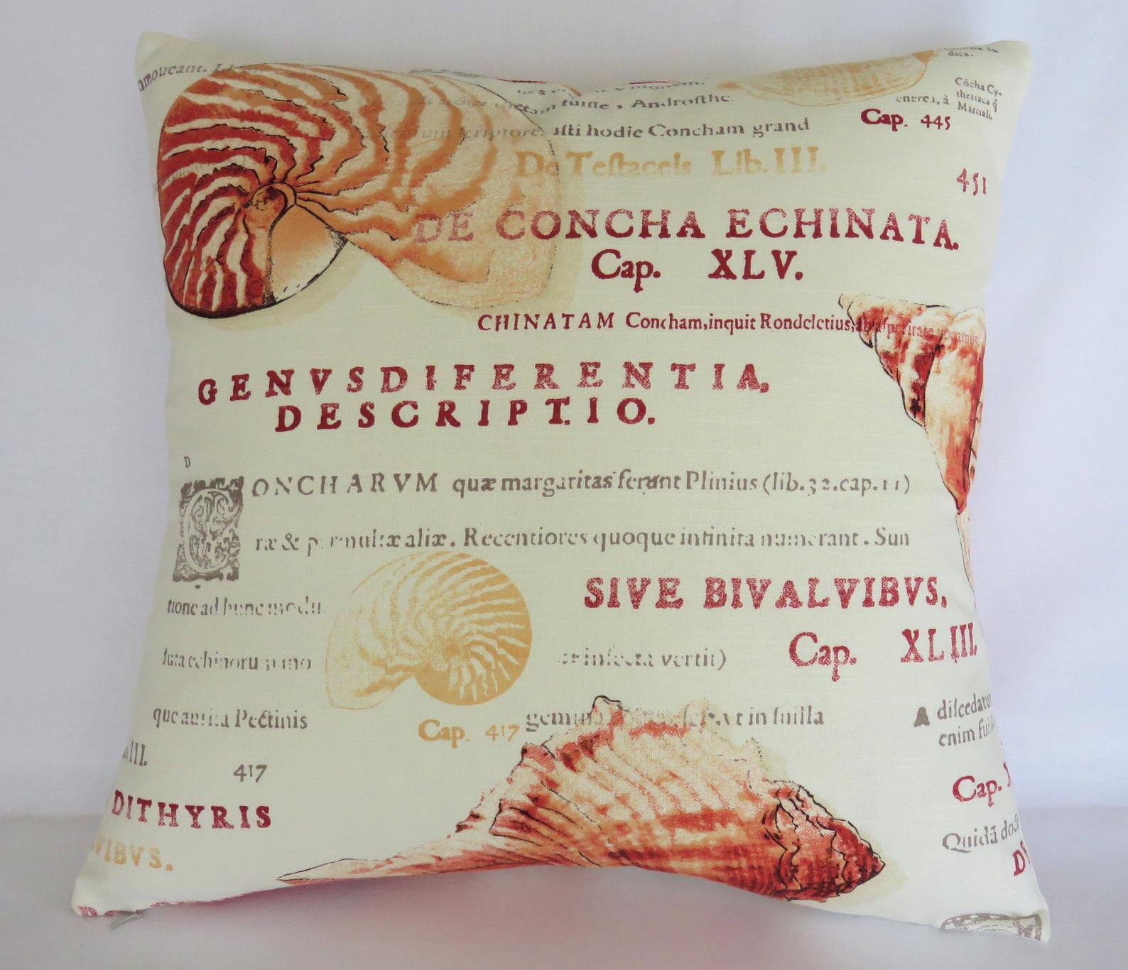 orange seashell and Latin script pillow cover