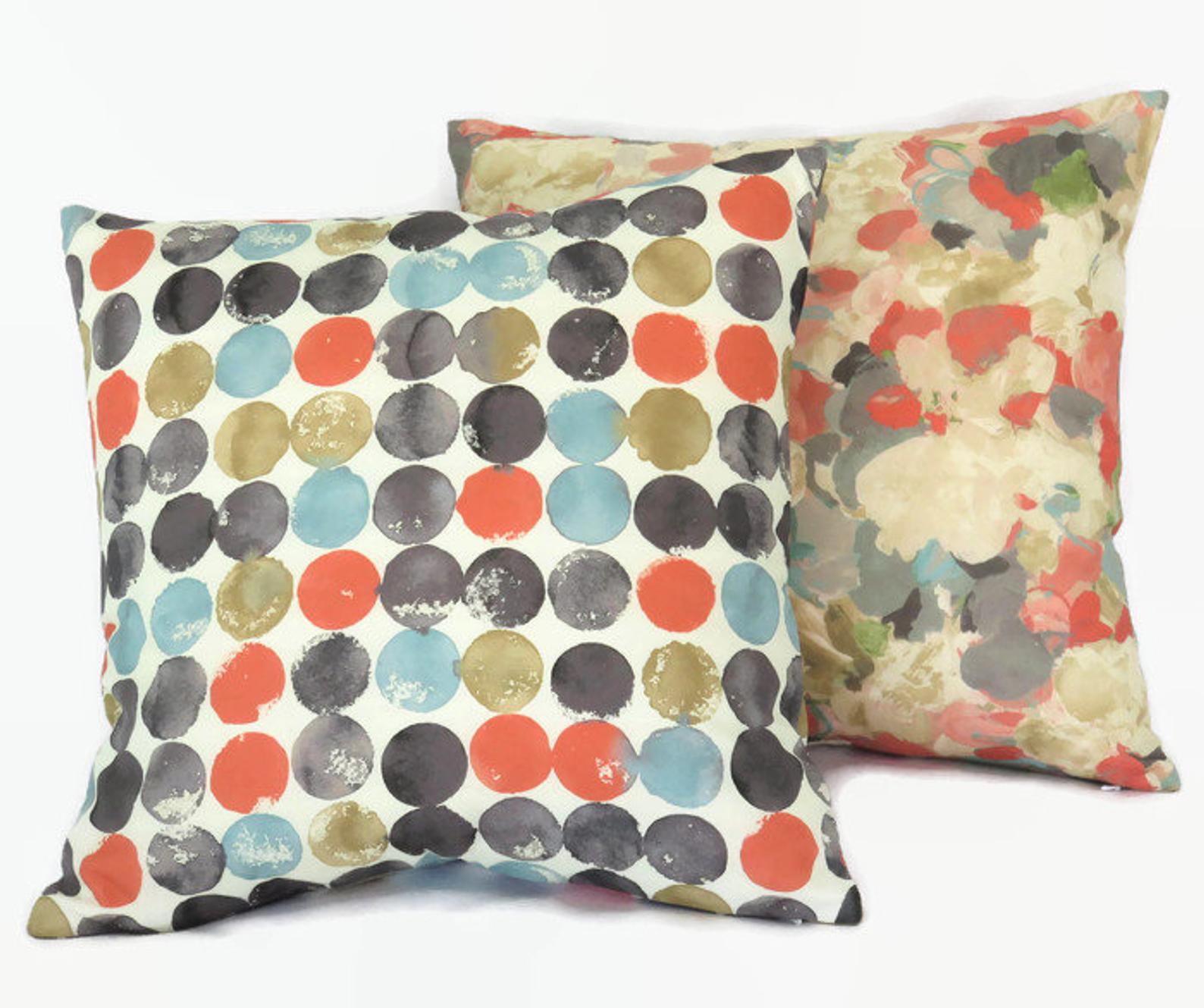 reversible dot and floral pillow cover - orange aqua grey