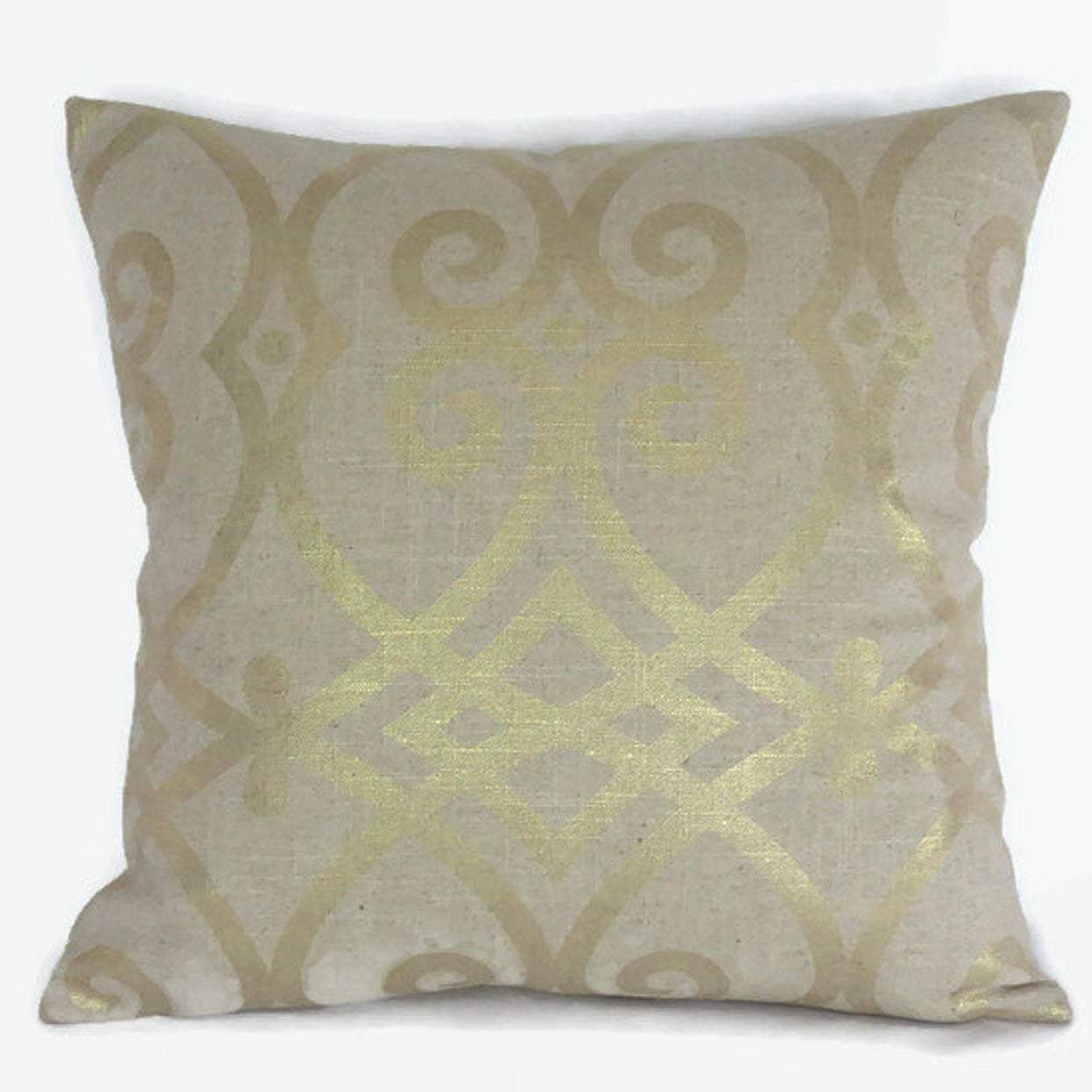 Tan Linen Pillow Cover with Metallic Gold, Jaclyn Smith Fabric Gates