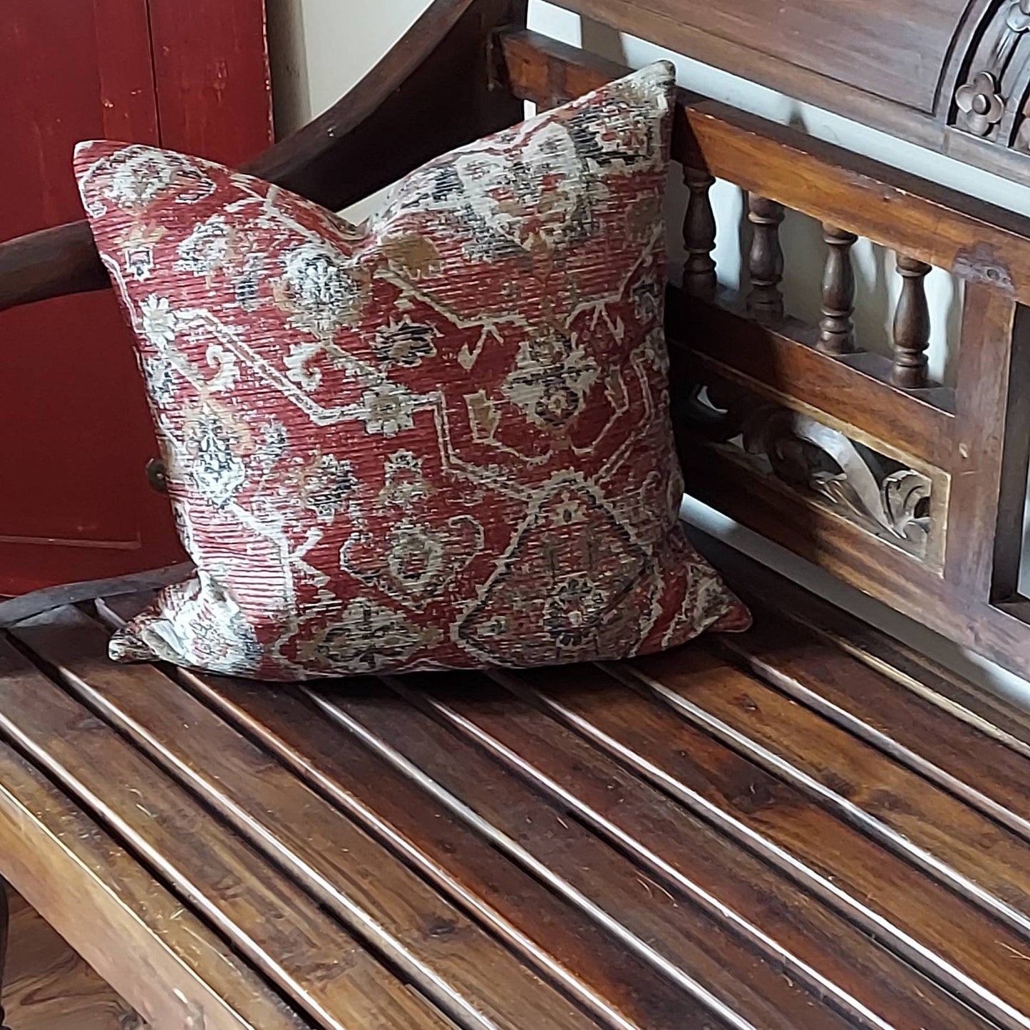 Dark Red, Grey, Gold Medallion Pillow Cover, Heavy Turkish Carpet Style