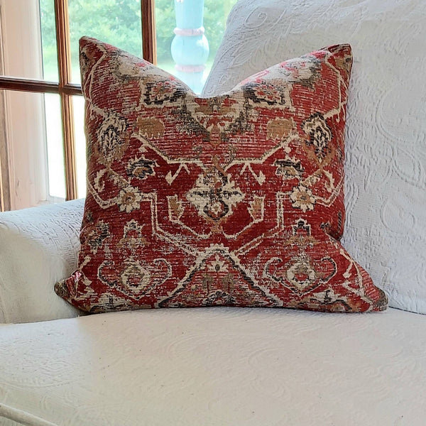 Dark Red, Grey, Gold Medallion Pillow Cover, Heavy Turkish Carpet Style