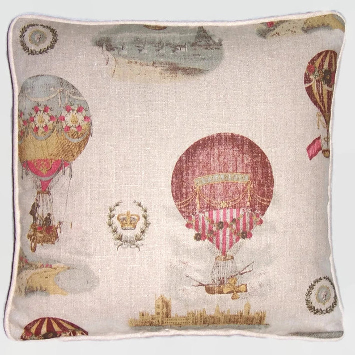 Hot air balloon pillow cover, vintage look print on linen