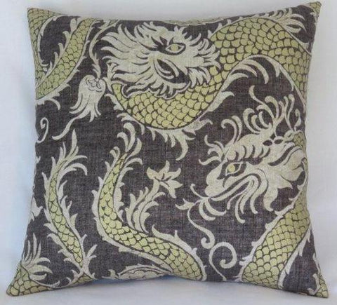 charcoal linen with gold dragon pillow cover
