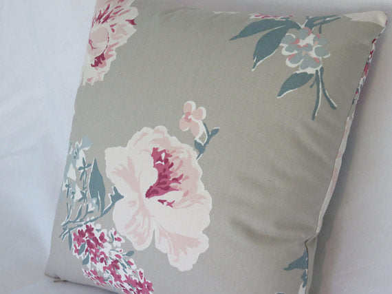 taupe pink teal floral pillow
