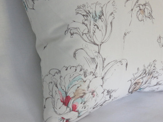 pink and aqua watercolor tulips on white pillow