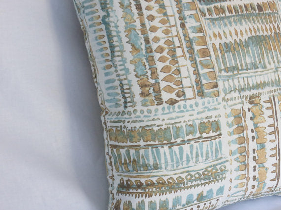 Aqua and Gold Tribal Print Pillow Cover
