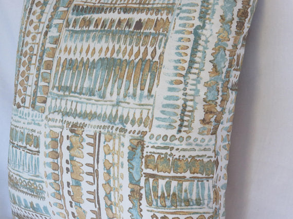 Aqua and Gold Tribal Print Pillow Cover