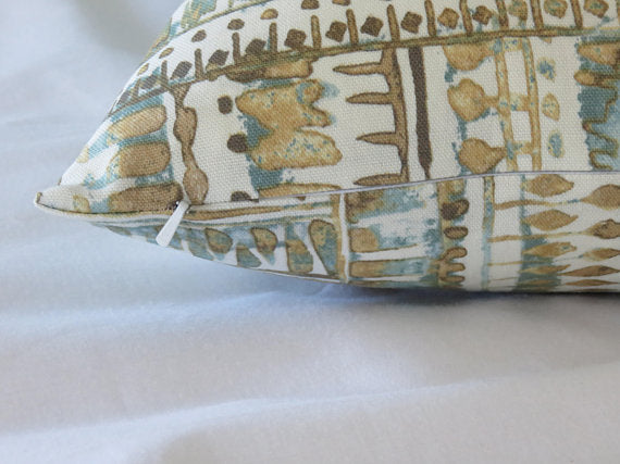 Aqua and Gold Tribal Print Pillow Cover