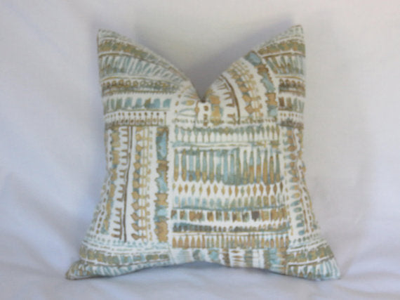 Aqua and Gold Tribal Print Pillow Cover