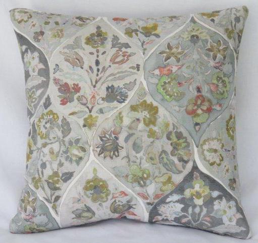 watercolor floral pillow grey lime coral