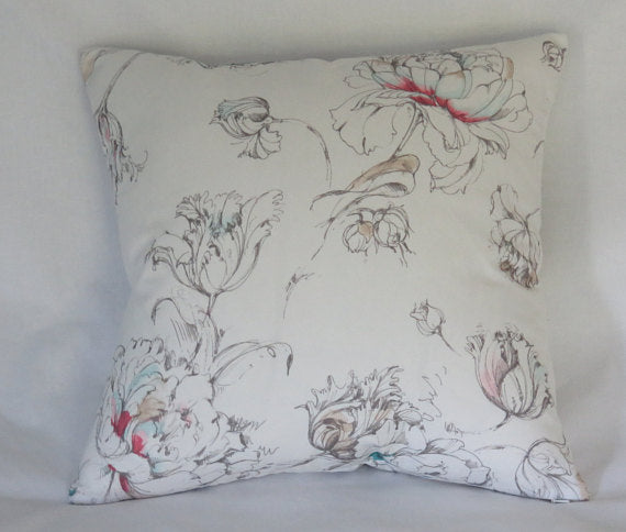 white watercolor floral pillow with pink and aqua