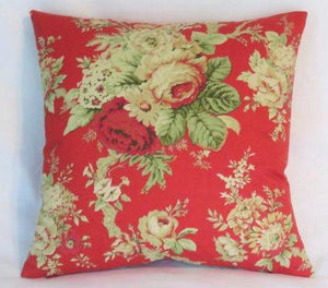 Red rose floral pillow cover of Waverly Sanctuary rose fabric