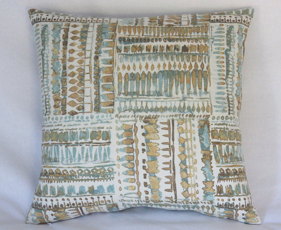 Aqua and Gold Tribal Print Pillow Cover