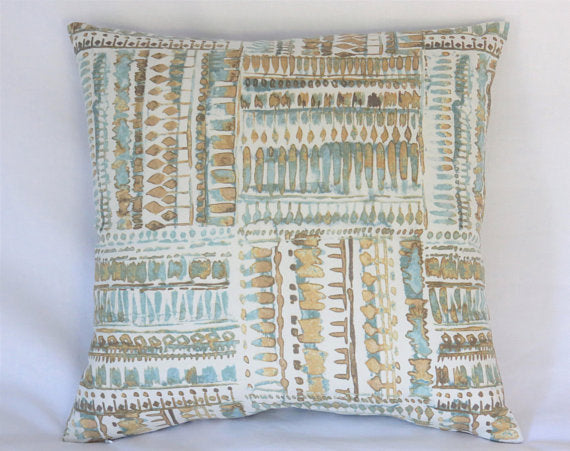 Aqua and Gold Tribal Print Pillow Cover