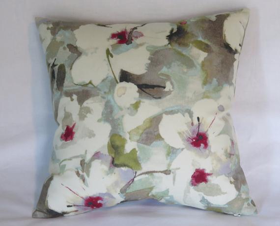 hibiscus tropical pillow in white aqua grey magenta