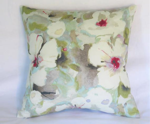 hibiscus floral pillow in white aqua lime magenta