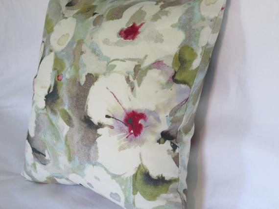 hibiscus tropical pillow in white aqua grey magenta