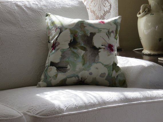 hibiscus tropical pillow in white aqua grey magenta