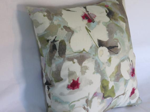 hibiscus tropical pillow in white aqua grey magenta