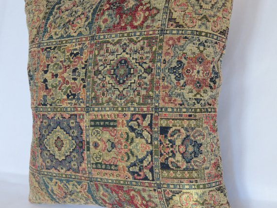 navy red tan chenille carpet tapestry pillow - vintage look