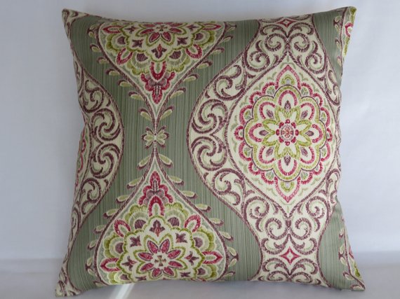 sage green ogee medallion pillow with purple, fuchsia, and metallic gold