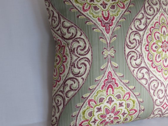 sage green ogee medallion pillow with purple, fuchsia, and metallic gold