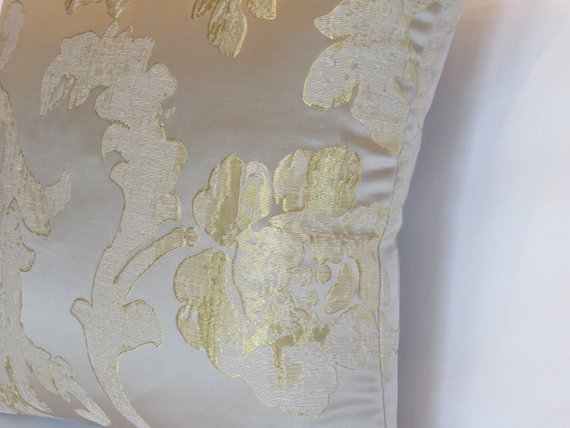 silver and gold satin brocade pillow floral and scrolls