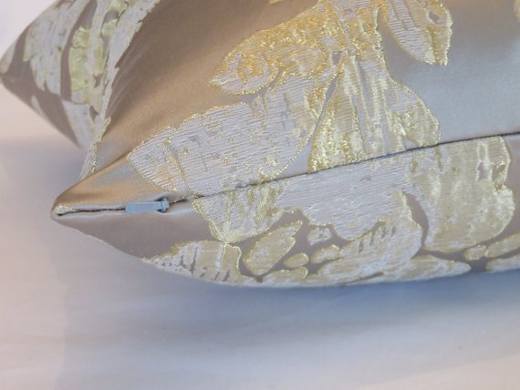 silver and gold satin brocade pillow floral and scrolls