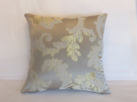 silver and gold satin brocade pillow floral and scrolls