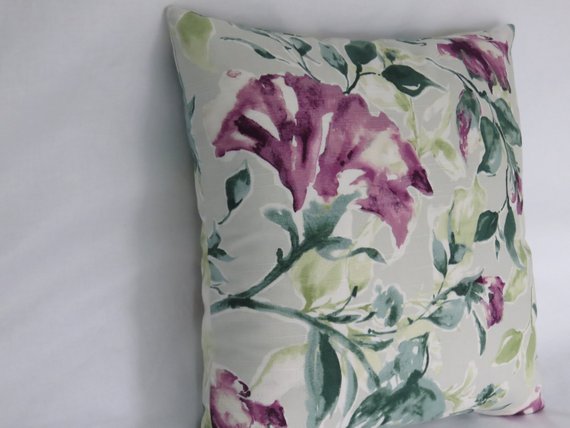 teal and purple watercolor floral pillow in Kelly Ripa fabric