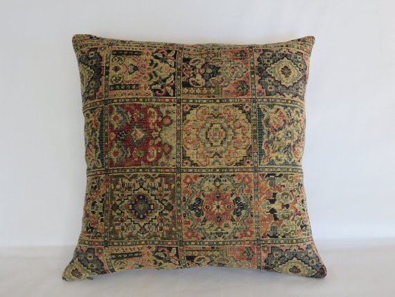 navy red tan chenille carpet tapestry pillow - vintage look