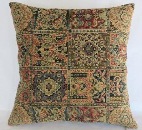 navy red tan chenille carpet tapestry pillow - vintage look